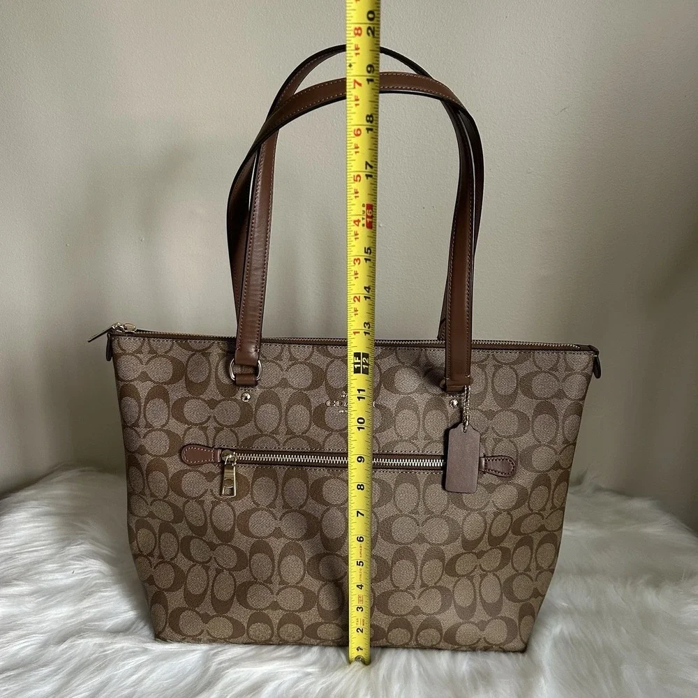 Coach Gallery Tote Khaki Saddle Signature Canvas Leather Shoulder Bag Excellent
